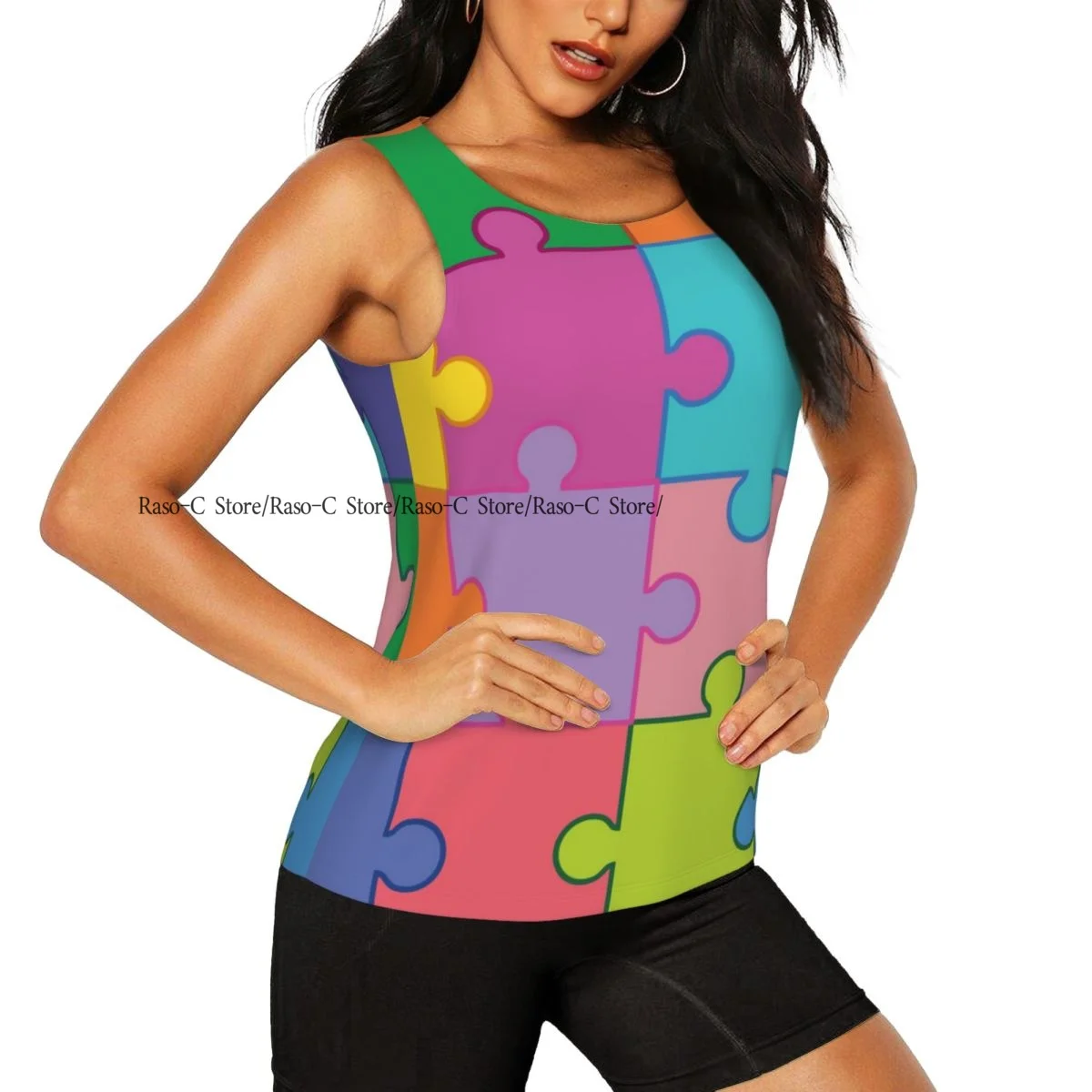 Women's Workout Tank Tops Quick Dry Sleeveless Athletic Shirts Colourful Jigsaw Puzzle Gym Yoga Tops