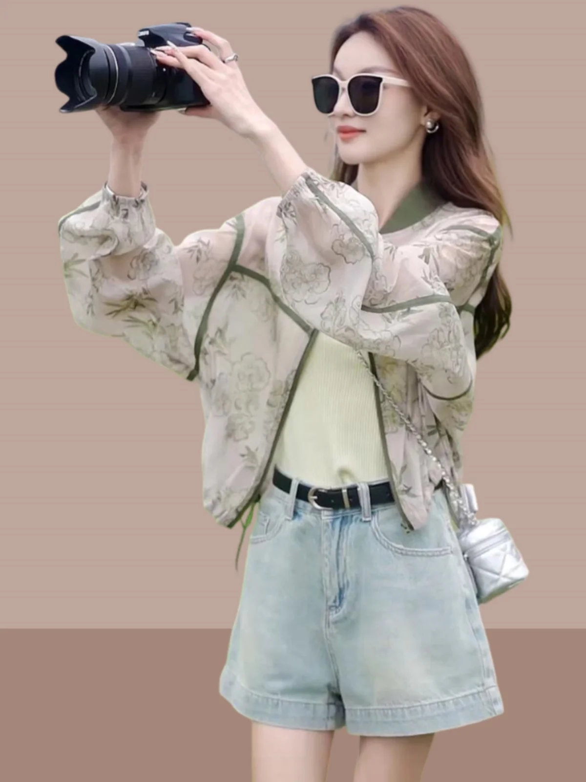 

Женская короткая бейсбольная куртка с круглым вырезом и дизайном «Бамбуковый лист», летняя, новая, тонкая, дышащая, модная верхняя одежда, защита от солнца