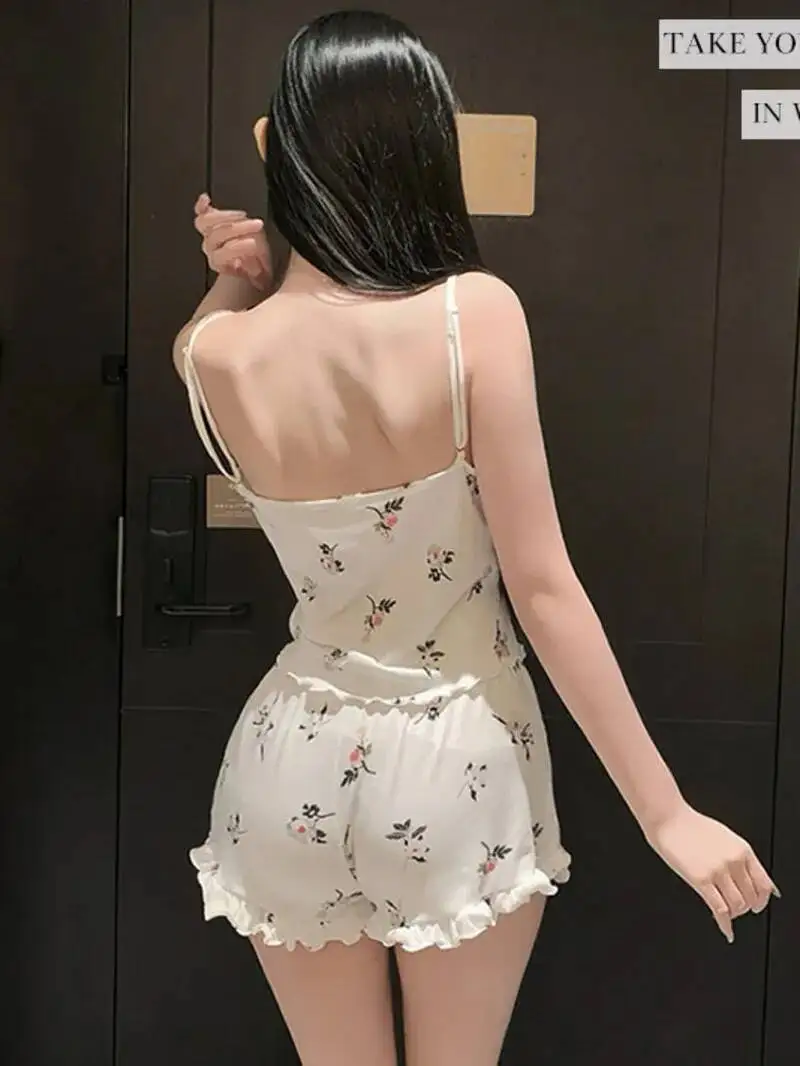 섹시 스윗 반바지 세트 2025 신상 탱크탑 여름 신상 캐미솔 반바지 세트 섹시 하트 플라워 여성 홈웨어/잠옷 아우터 F1XM