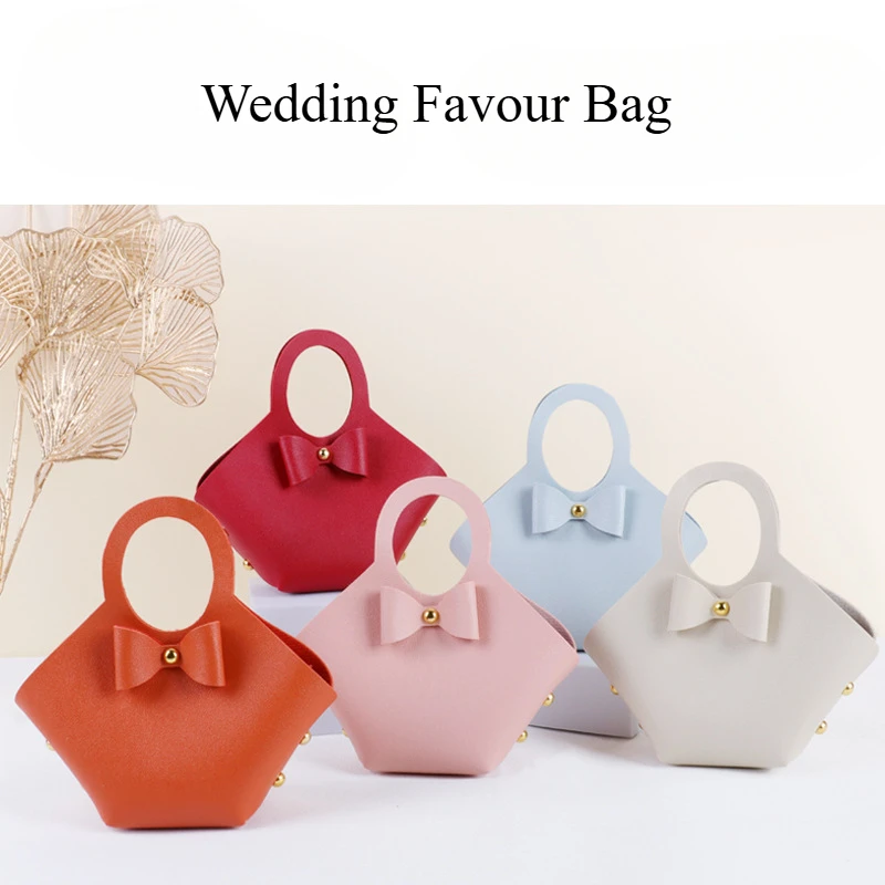 5 PCS Leather Pink Gift Bags Red Bow Packaging Bucket Wedding Favour Birthady Bag with Handle Mini Handbag Candy Jewelry Box