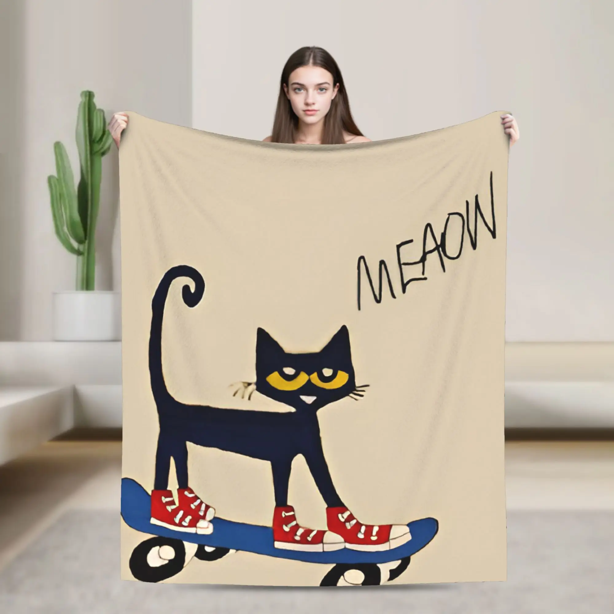 Pete the Cat  Skateboarding Flannel Blanket  Funny Throw Blanket for Home Hotel Sofa  200x150cm Plush Thin Quilt