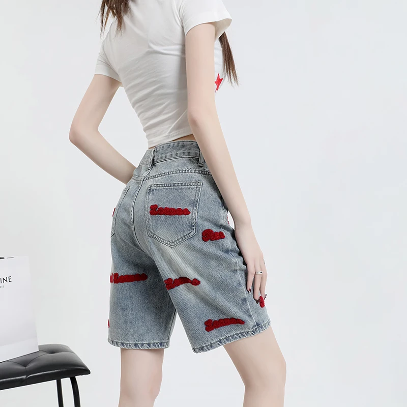 Retro Letter Embroidered Denim Shorts Women's Summer High Waist Loose Straight Half Pants Jeans Fashion Streetwear Female