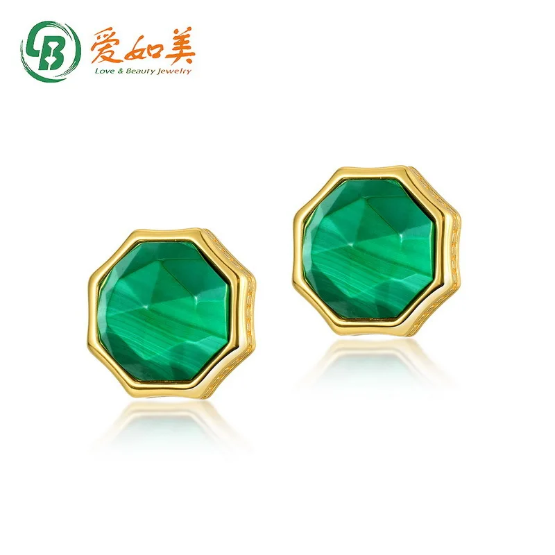 

Octagonal Shaped Peacock Stone Silver Earrings Retro 18K Gold PT950 Platinum Silver Plated 7-layer Gold Earrings