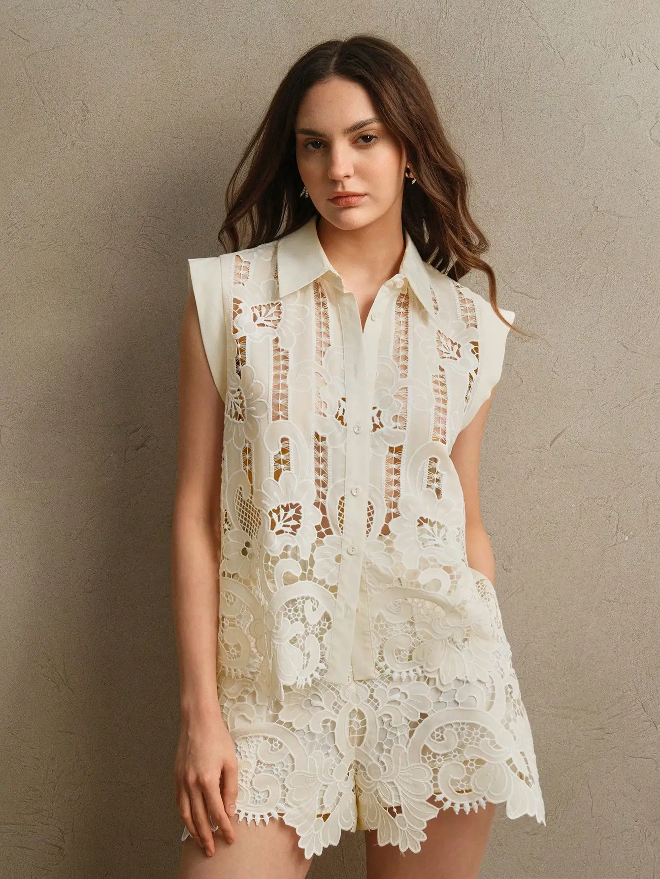 Anewsta Set di Lusso Vintage da Donna con Blusa Ricamata in Pizzo e Pantaloncini