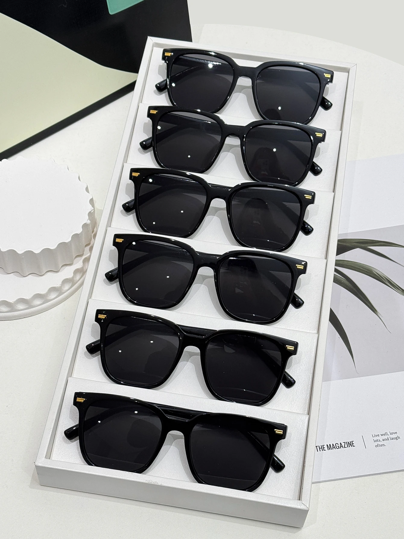 6-teiliges Retro-Mode-Trendy-Sonnenbrillen-Set mit schwarzem quadratischem Rahmen, lässig, einfach, modische Accessoires, trendige Fotografie, Strandurlaub
