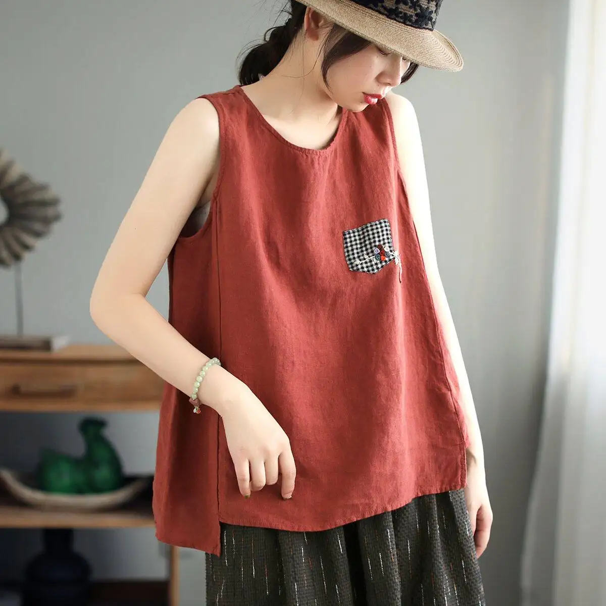 Women Ethnic Style Cotton Linen Embroidered Chinese Style Vest Patch Loose Sleeveless Camisole Solid Color Tank Top Inner CN-317