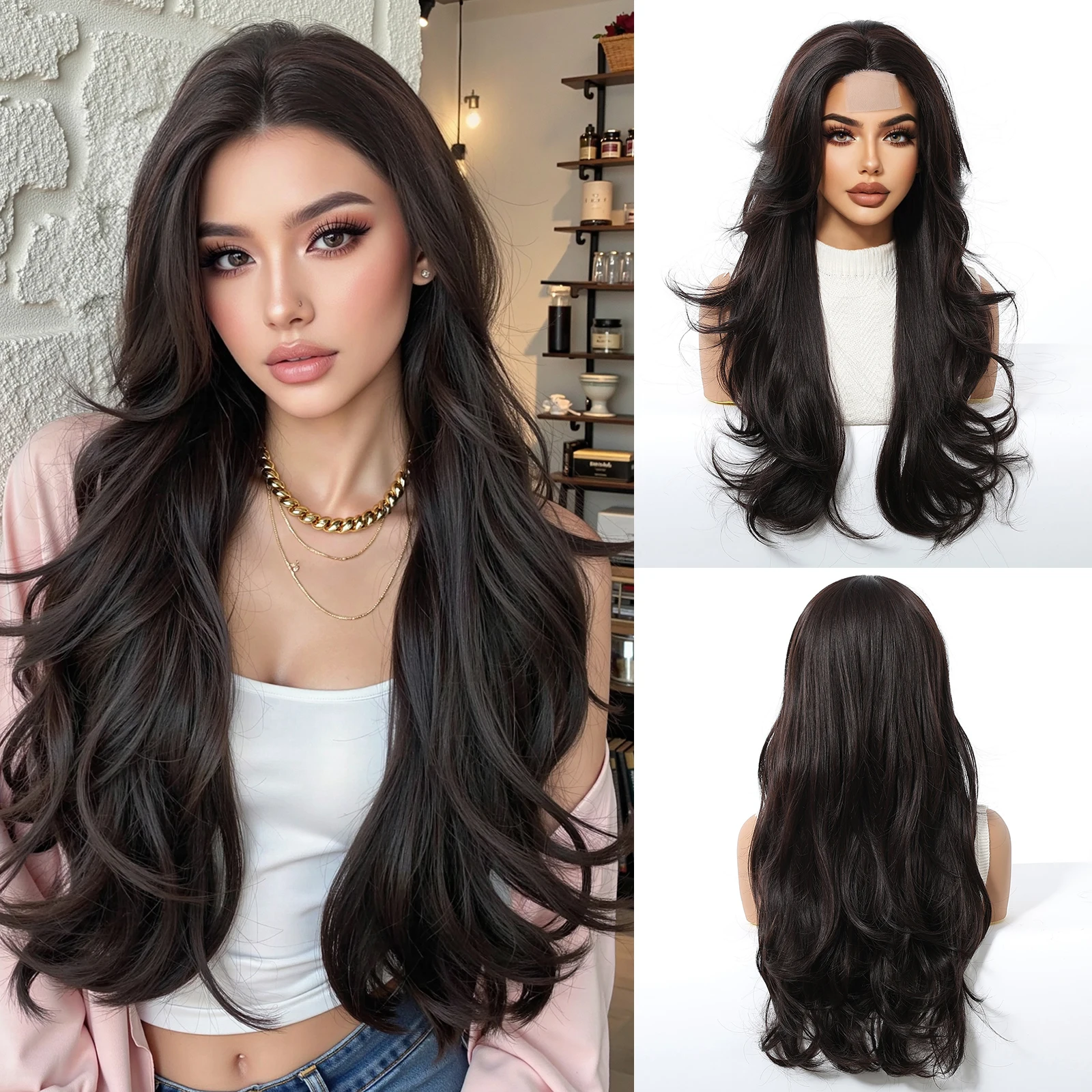 Long Wave Synthetic Black Wig Lace Front Middle Part Natural Wig for Women Daily Party Use Hair Wig High Temperature Fiber