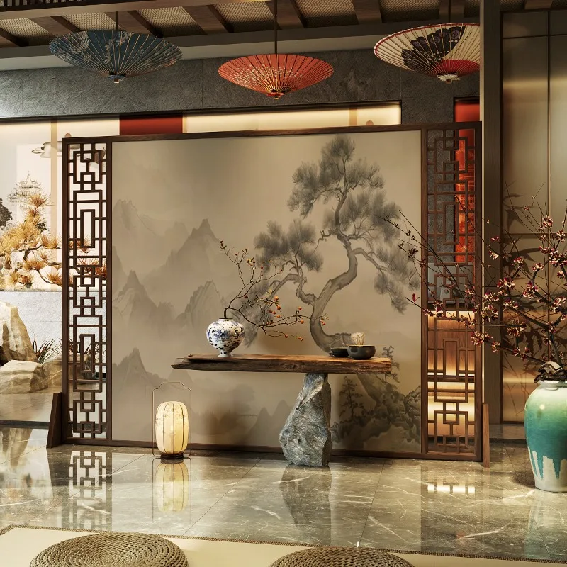 Medieval style solid wood screen, household large apartment entrance partition, tea room, hotel company aisle shield decoration