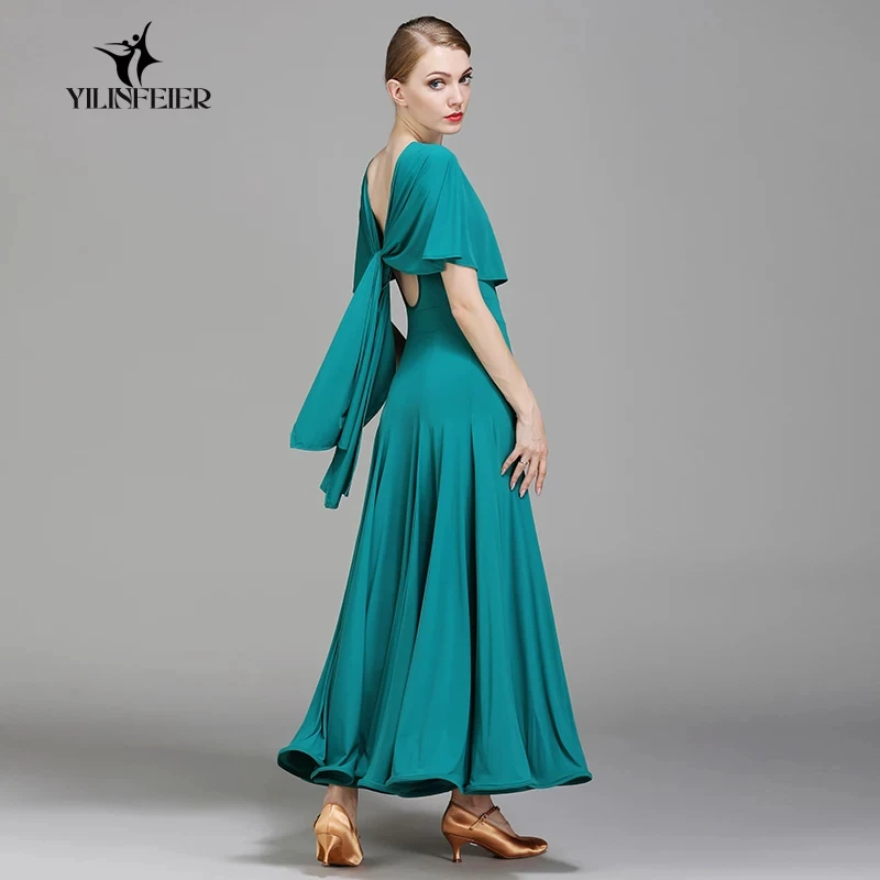 Ballroom dance competition dress V neck cape sleeve back hollow bow decoration fitted big swing skirt for standard dance stage p
