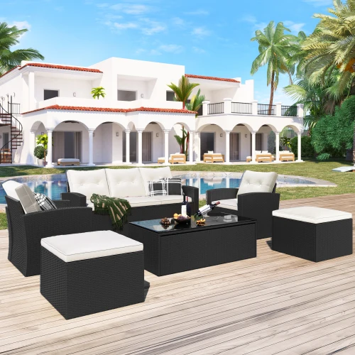 

6PCS All-Weather Wicker PE rattan Patio Outdoor Dining Conversation Sectional Set with coffee table
