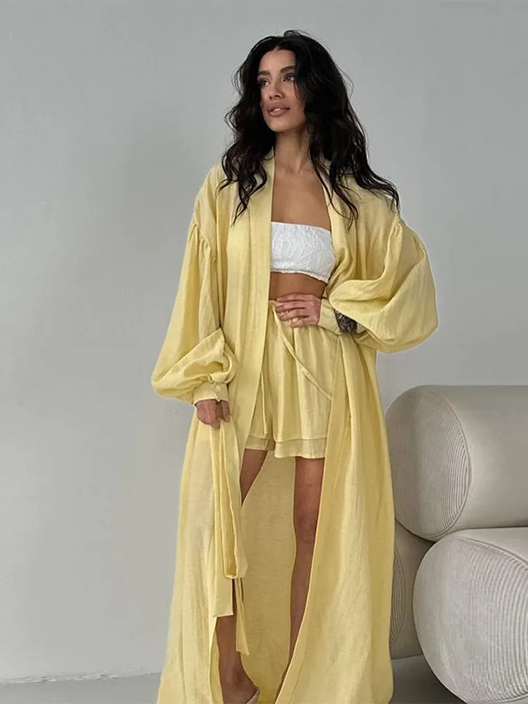 

Women's Long Cardigan Shorts Set Lantern Sleeved Lace Up Short Pants Solid Casual Outfits 2025 Autumn Lady Elegant 2 Pieces Suit
