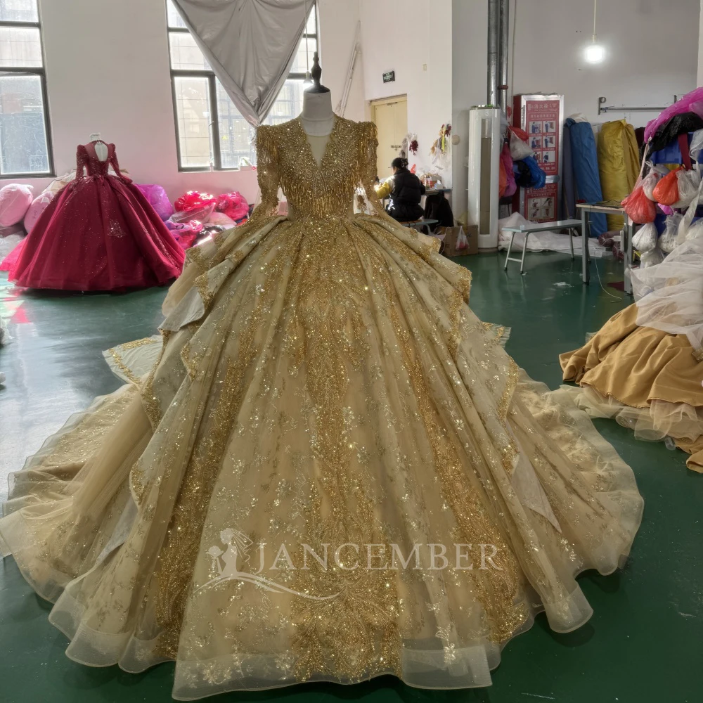 

Exquisite Sequins Beads Quinceanrra Prom Dresses Glitter Lace Customized Long Sleeves Tassel Ball Gown فساتين للمناس