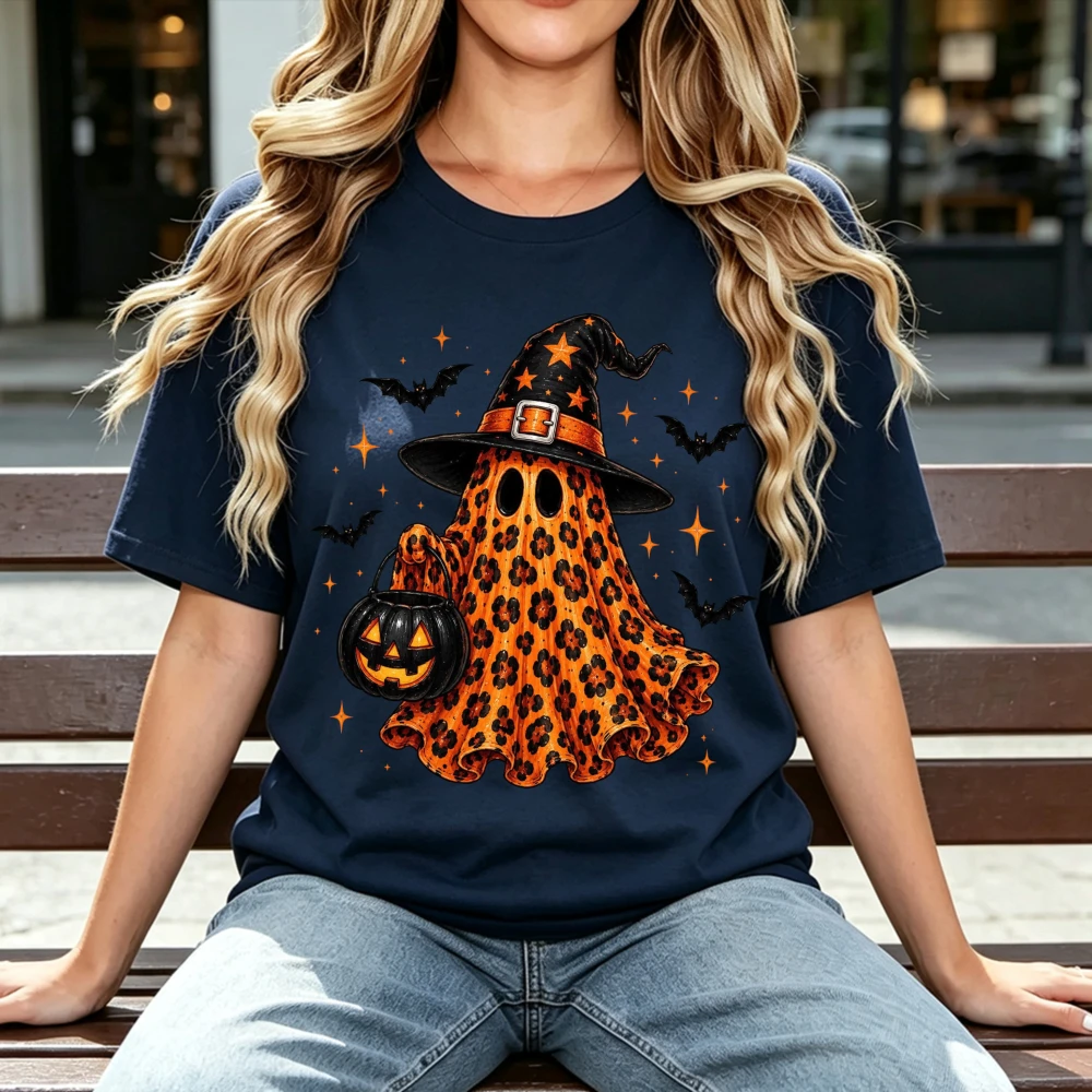 Funny Halloween Leopard Ghost Witch Hat Pumpkin Graphic T-Shirt Short Sleeve Cotton Retro Vintage Men Women Top Women Clothing