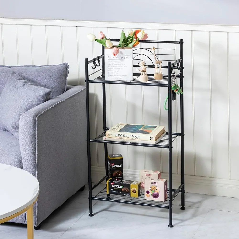 3-Tier Free Standing Wire Rack Durable Metal Shelving Storage Unit With Adjustable Feet 4-Hook Shelf Bathroom Home Organization