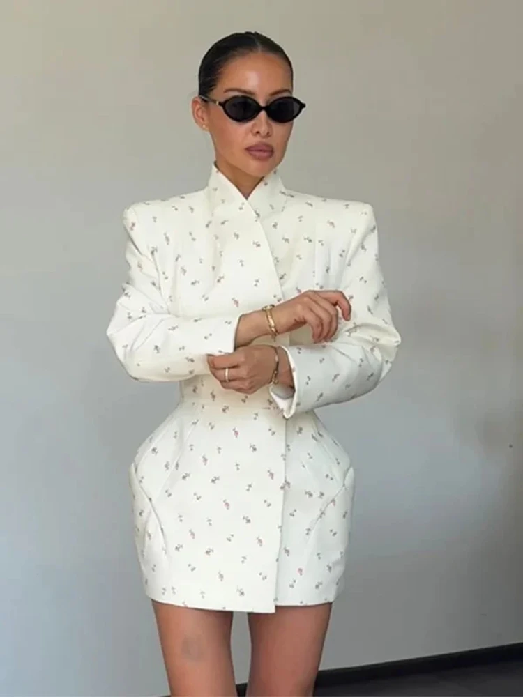 

Women Cross Collar Floral Jacket Coats Stand Neck Waist Cinching Single Breasted Pad Shoulder Coats Lady Spring Chic Outwear Top