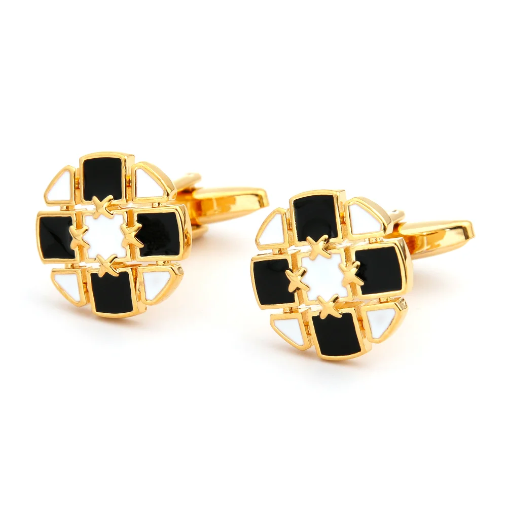 Men's Patterned Black White Enamel Cufflinks Gold Border Contrasting Cuff-link Business Dress Shirt Suit Decoration Accessory