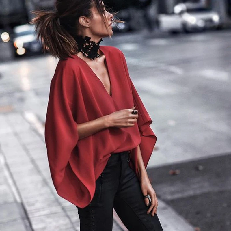 Women Fashion Casual Solid Color Deep V-Neck Blouses 2024 New Spring Summer Batwing Sleeves Loose Shirts Tops