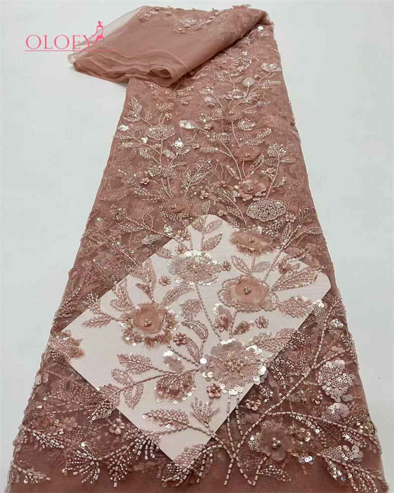 

OLOEY African Beaded Net Mesh Lace Fabric 2026 High Qualit Embroidery Sequins French Tulle Lace for Nigerian Wedding Party Dres