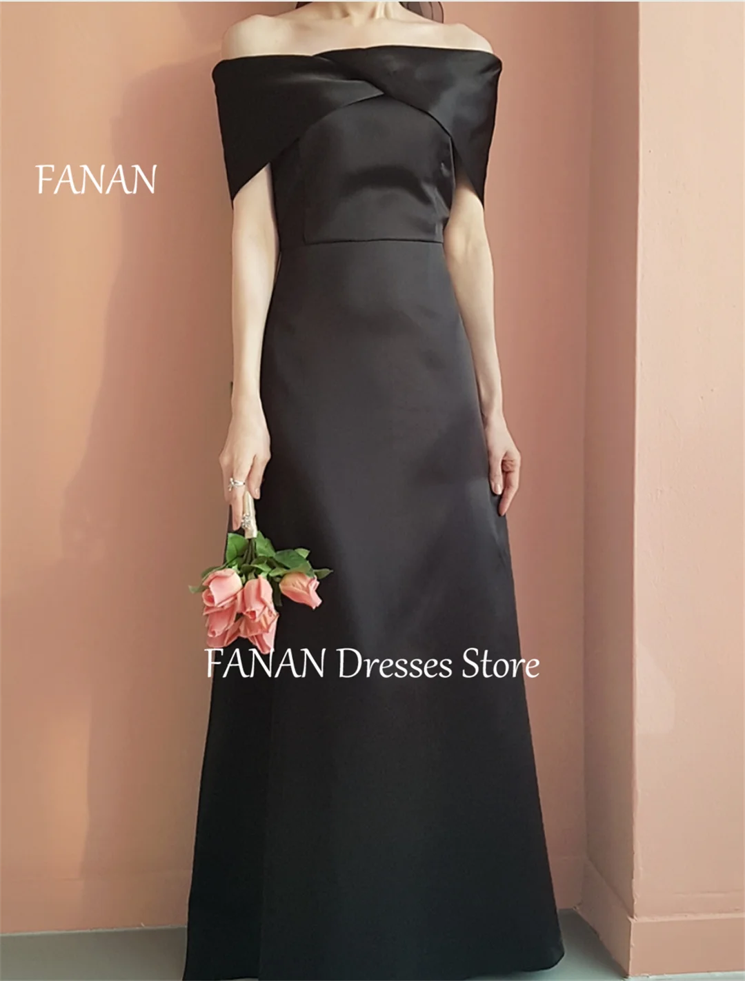 

FANAN Off Shoulder Satin Short Sleeves Evening Party Dresses Customized Korea Black Wedding Women Formal Gowns Event Prom Gowns