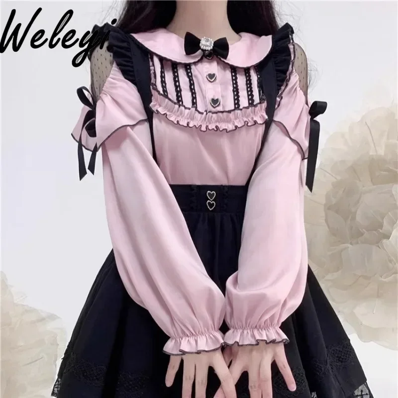 Super süße Mine Lolita Shirts japanische neue süße Traum Aussicht von der Schulter lang ärmel ige Chiffon Inner wear Koszule i Bluzki Tops