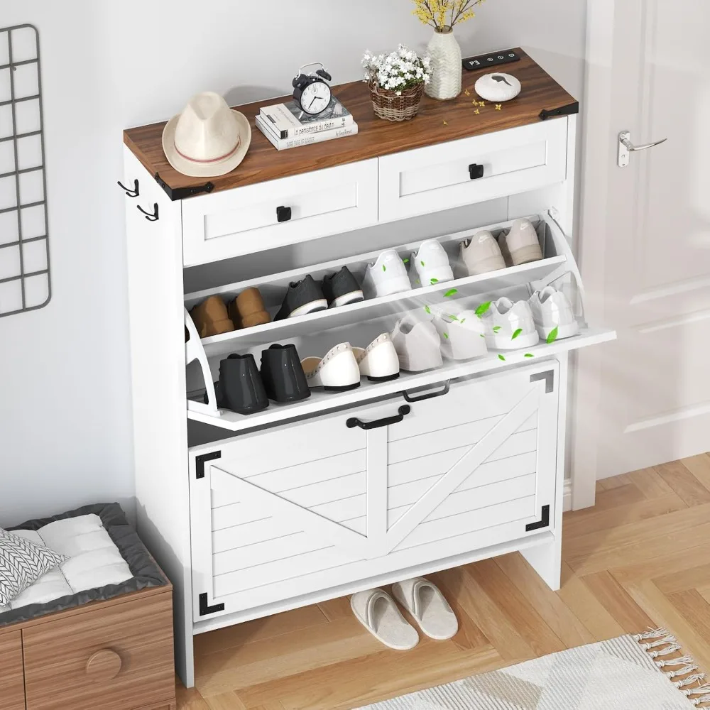 Farmhouse Style Slim Shoe Storage Cabinet with Odor Control and Two-tier Drawers