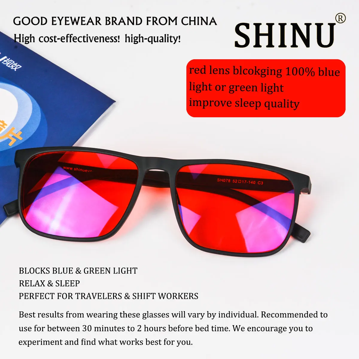 SHINU Good Sleep Blaulicht-blockierende Brille für Herren, rote Gläser, Anti-Grünlicht, beseitigt die Belastung der Augen, kann individuell angepasst werden – Detail 17