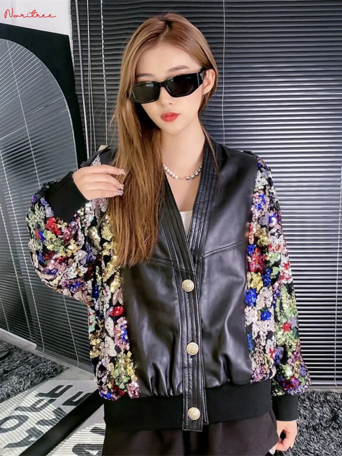 Soft Real Leather Jacekts Fashion Shiny Sequined Beading Natural Sheep Leather outerwear Female Real Leather Jackets wy2082