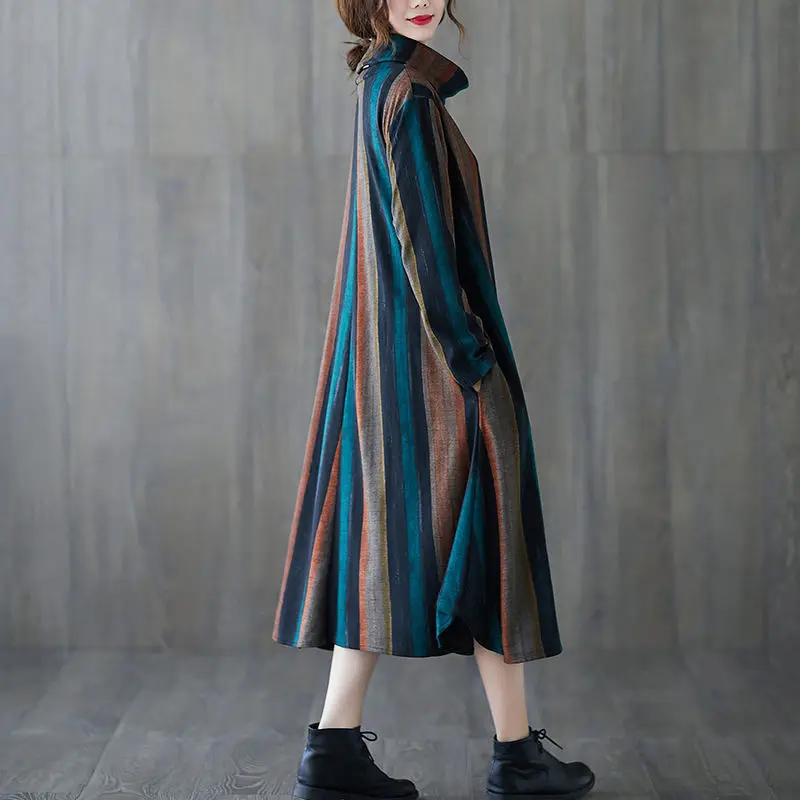 Jersey de otoño e invierno para mujer, vestido holgado de moda versátil a rayas con bolsillos de manga larga y cuello medio alto, novedad de 2023