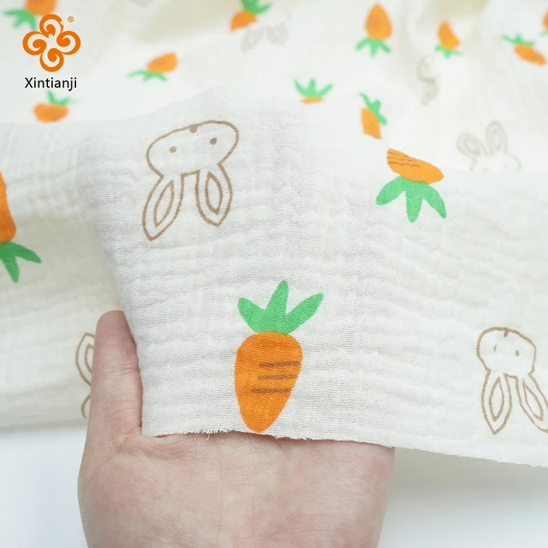 1m/3m/5m Gauze Fabric 2 Layers Cute Rabbit By Half Meter 100% Cotton Double Muslin Fabric Crinkle Kids Cloth DIY Soft Material