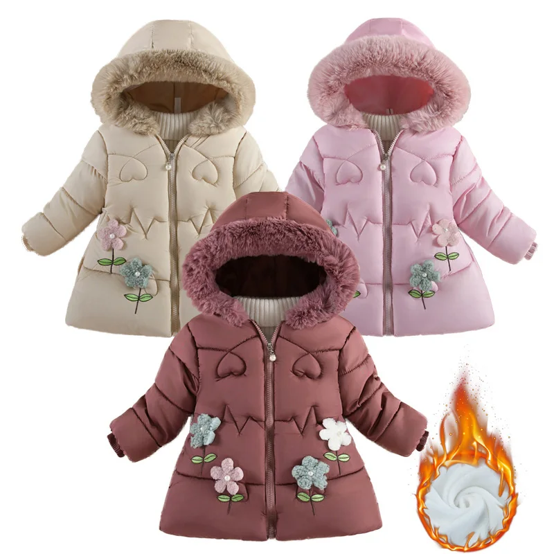 Baby Girls Padded Down Coats 2024 New Hooded Cute Clothing Children Fashion Winter Thickened Jackets Kids Casual Cotton Parkas