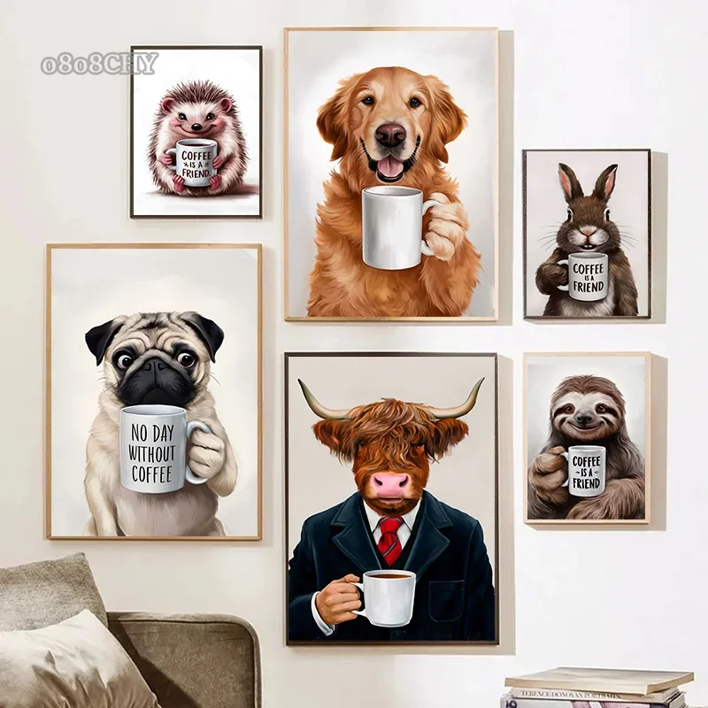 Funny Wall Art Pictures Animal Coffee Portrait Posters Canvas Print Art Sloth Pug Dog and Coffee Mural Cute Home Decor Painting