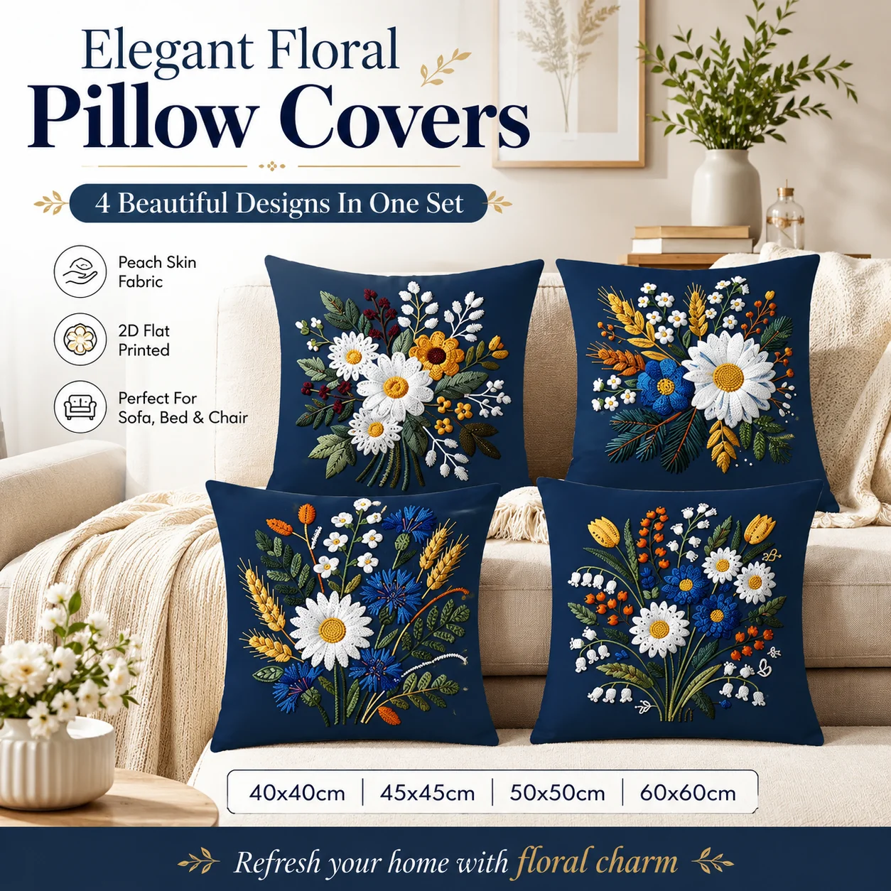 

Elegant Botanical Pillowcase 2D Flat Printed Peach Skin Navy Blue Floral Cushion Cover for Bedroom Couch Chair Decor