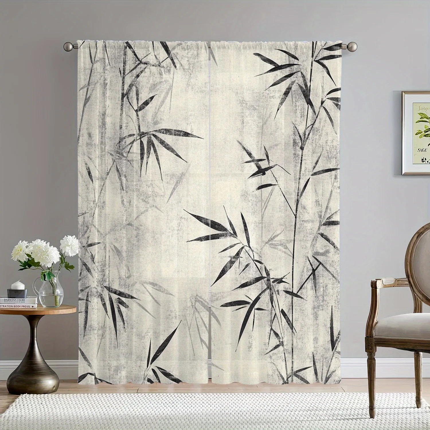 1pc Oriental bamboo black and gray ink painting pattern curtains, polyester fabric, machine washable, suitable for bedroom