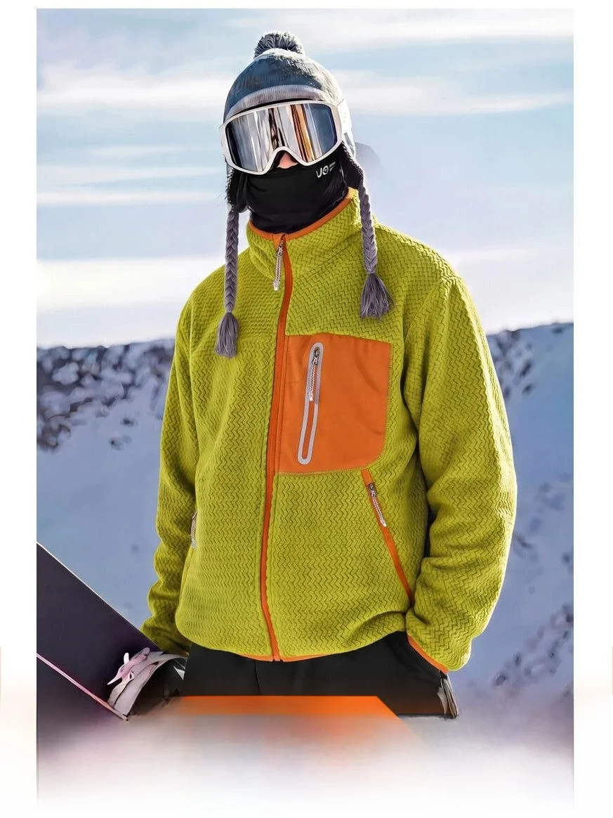 Outdoor Couple Style Fleece Lined Jacket Color Block Pocket Design Heat Retaining Polyester Fiber Long Sleeve Stand Collar Coat