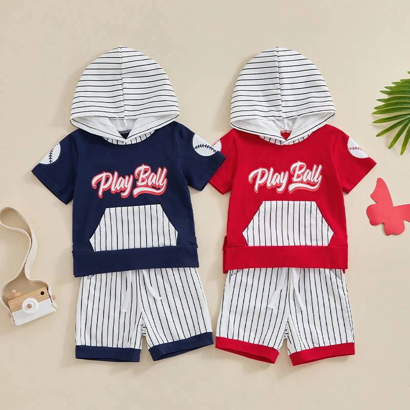 

Lioraitiin Toddler Kids Boys Clothes Set Short Sleeve Letter Baseball Print T-shirt with Striped Shorts Set Summer Hooded Outfit