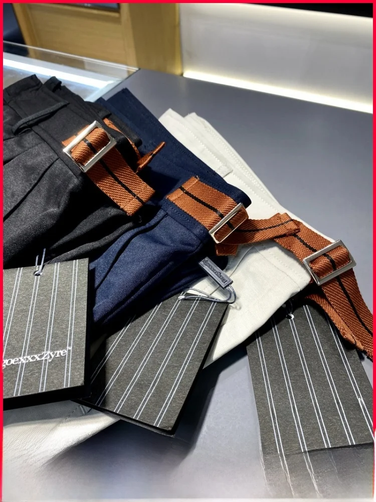 

Итальянские роскошные мужские повседневные брюки с двойной талией, синие регулируемые длинные брюки для занятий спортом на открытом воздухе, модные городские деловые брюки...