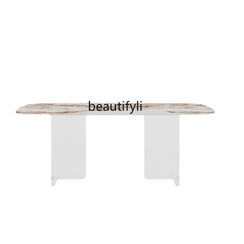 Acrylic Dining Table with Integrated Stone Plate, Sideboard Cabinet, Affordable Luxury Dining-Table Chair Combination