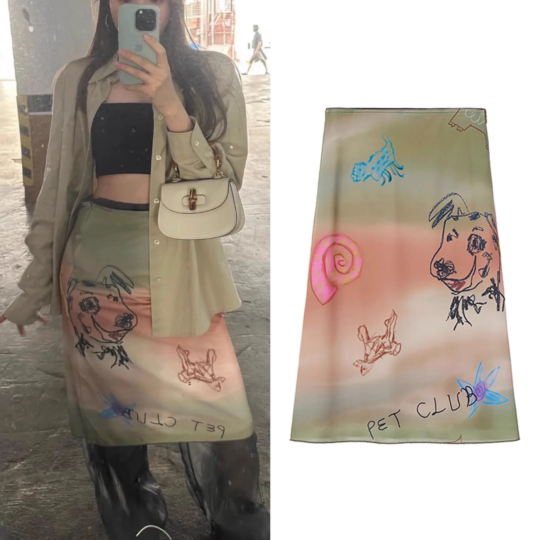 Gradual-change graffiti cartoon dog pattern printed midi skirt