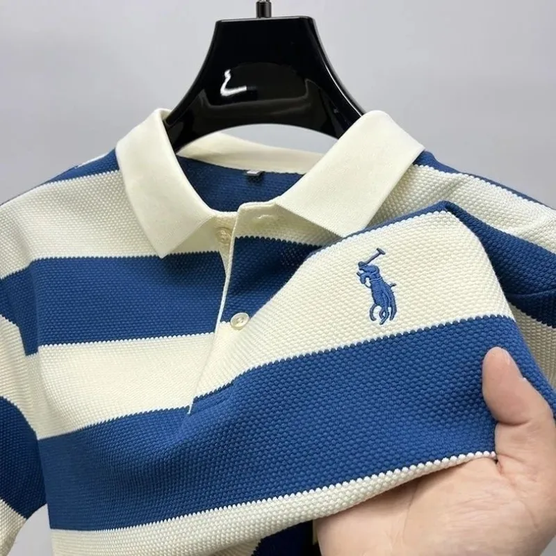

Summer Hot Striped Embroidered Polo Shirt Men's Short Sleeved Top Loose Middle-aged and Young Clothing, High-quality