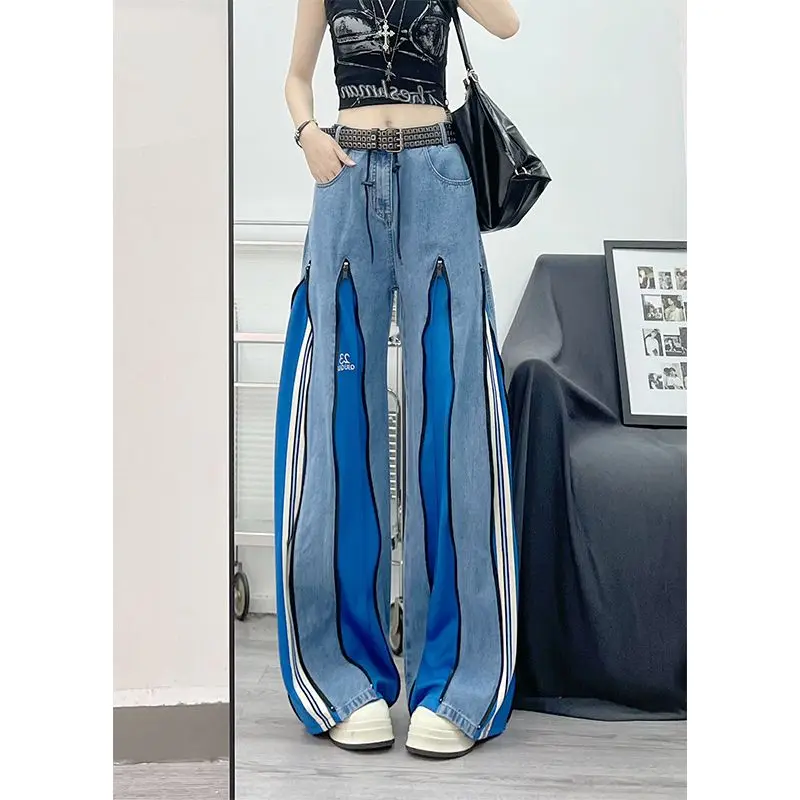 جينز نسائي متباين بربط عالي الشارع لخريف 2025 تصميم جديد بسحاب مستقيم واسع الساق