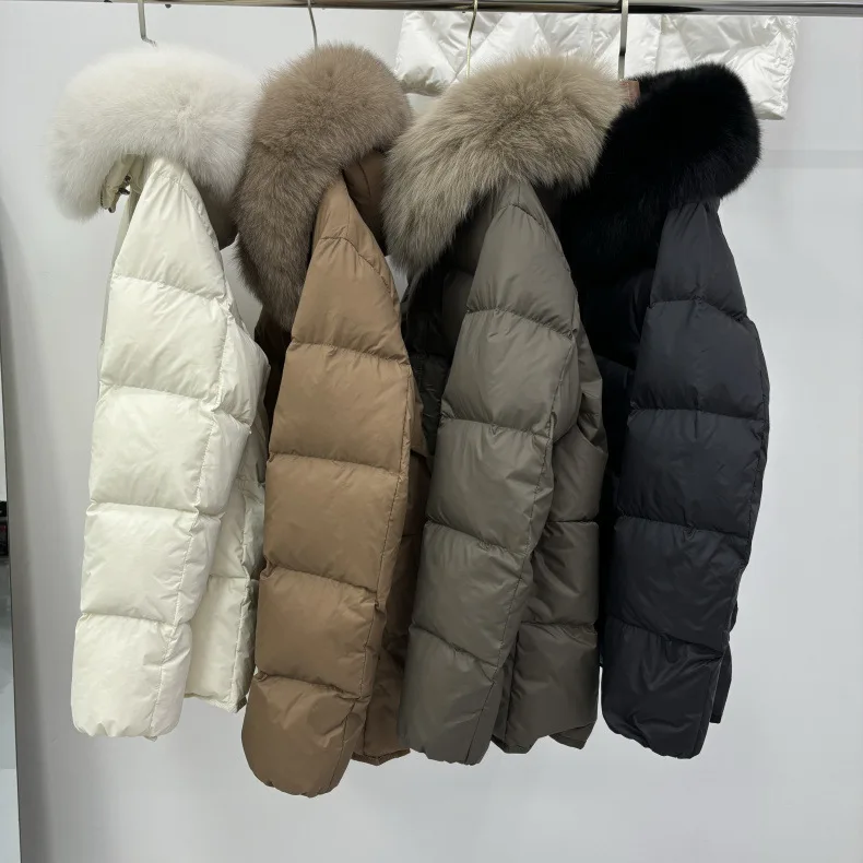 Schinteon Women 100% Real Fox Fur Collar White Duck Down Jacket with Hood Autumn Winter Warm Casual A-lined Warm Outwear Cape