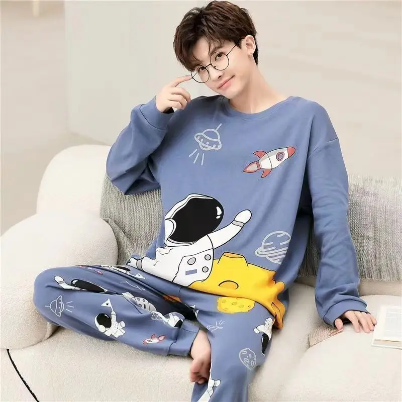 Spring Autumn Pajamas Men\'s Long Sleeve New Simple Plus Size High School Youth Suit Thin Home Suit Men\'s Sleep Pajama Sets