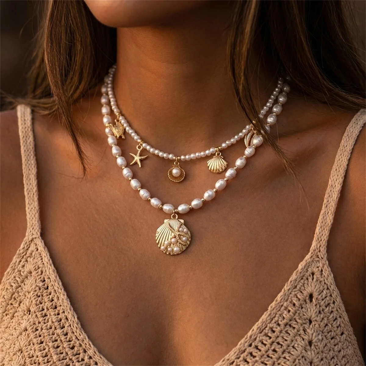 Boho Seestern Muschel Seepferdchen Hummer Anhänger Halskette für Damen und Herren, unregelmäßige Imitationsperle, Ozean-Strand-Choker-Schmuck – Detail 13