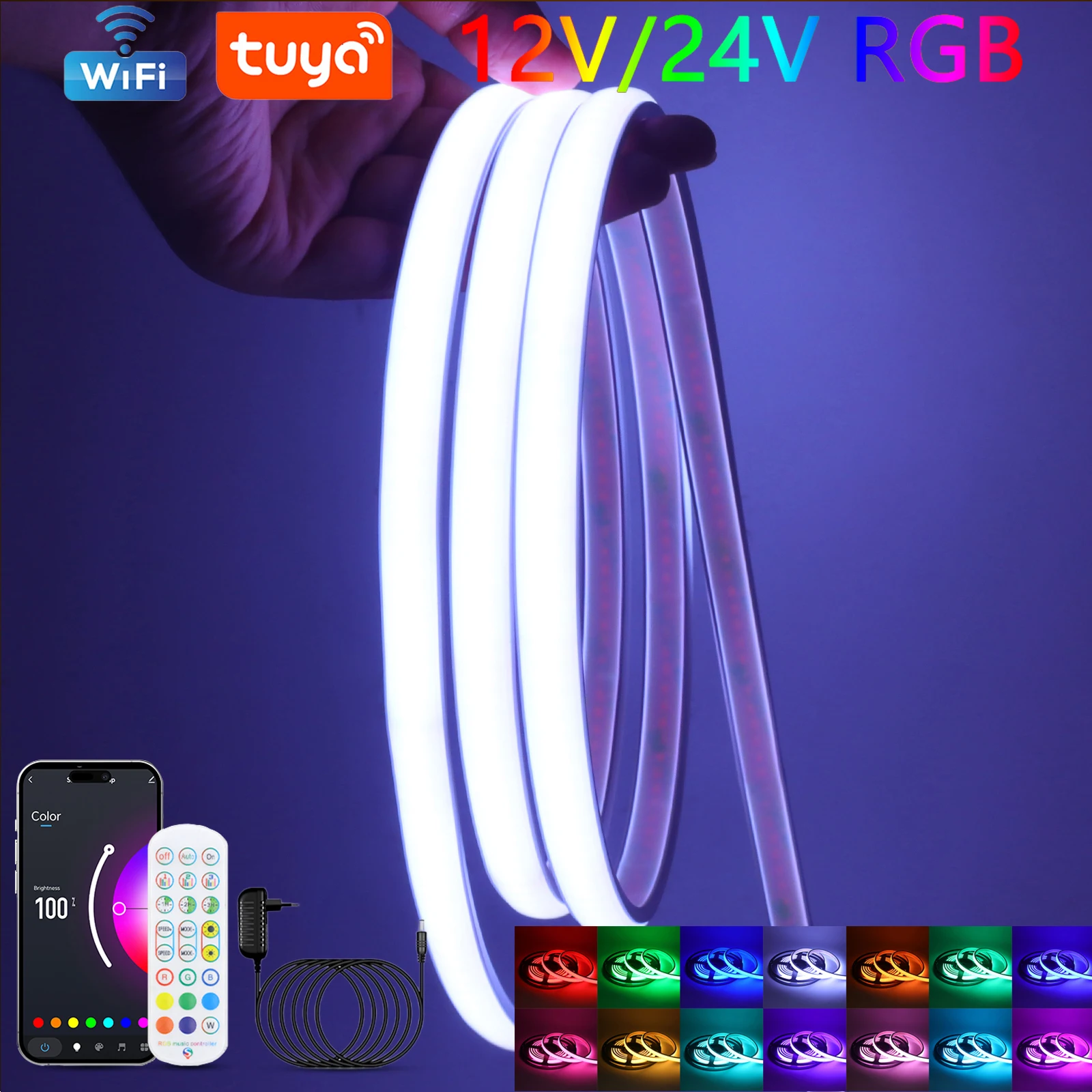 

IP67 Waterproof Wifi RGB COB LED Strip Light 24Key Remote Control EU US UK AU Plug Kit 12V 24V 576 LEDs Flex Lamp 0.5m 2m 5m 10m