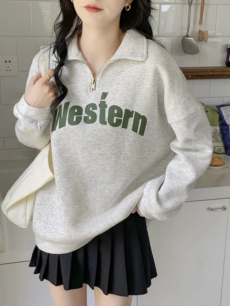 Women Zipper Up Sweatshirts Korean Fashion Polo Collar Long Sleeve Loose Casual Striped Pullovers Tops Jumper 2024 Fall Winter