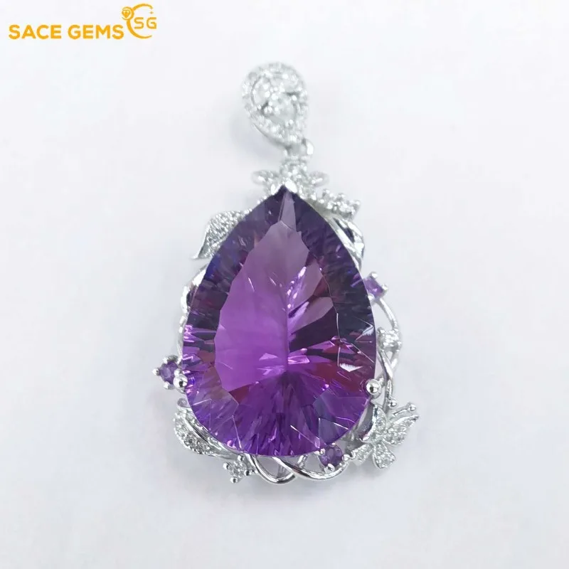 

SACEGEMS Luxury 925 Sterling Silver 16*23mm Natual Amethyst Pendant Necklace for Women Wedding Cocktail Party Fine Jewelry Gifts