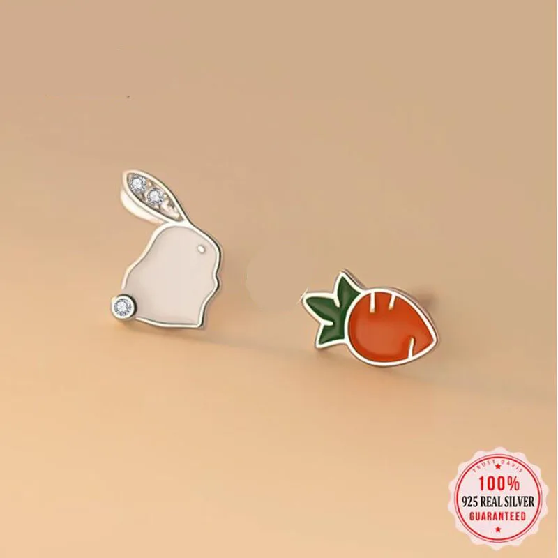 Real 925 Sterling Silver Asymmetrical Rabbit Carrot Stud Earrings Brincos de Prata For Cute Daughter Girls Fine Jewelry DG0137