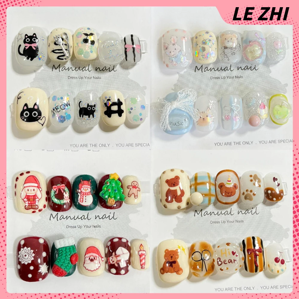 Kawaii Diy Handmade Short Press On Nails Art Christmas Cute Animal Bear Dog Cat Removable Full Cover Fake Nails Birthday Gift