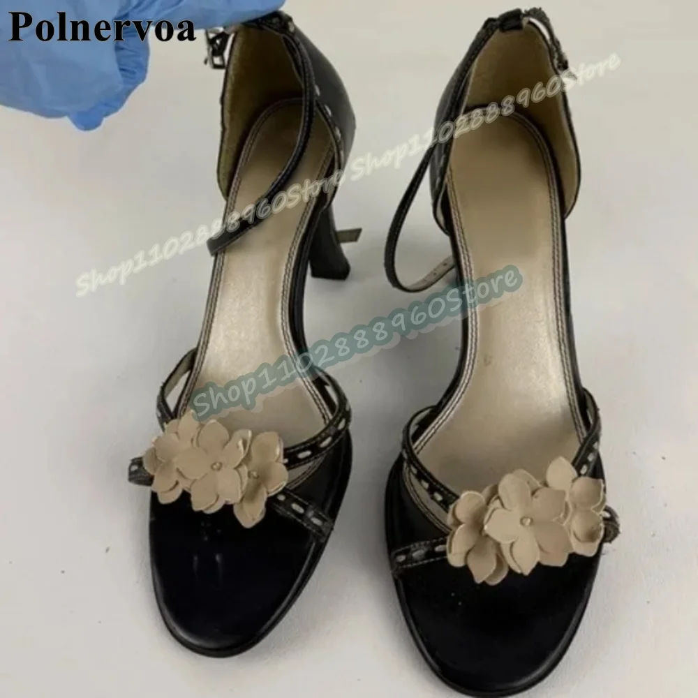 

Mixed Applique Narrow Strip Sandals Thin High Heel Shoes For Women Ankle Buckle Strap Open Toe Fashion Party Zapatos Para Mujer