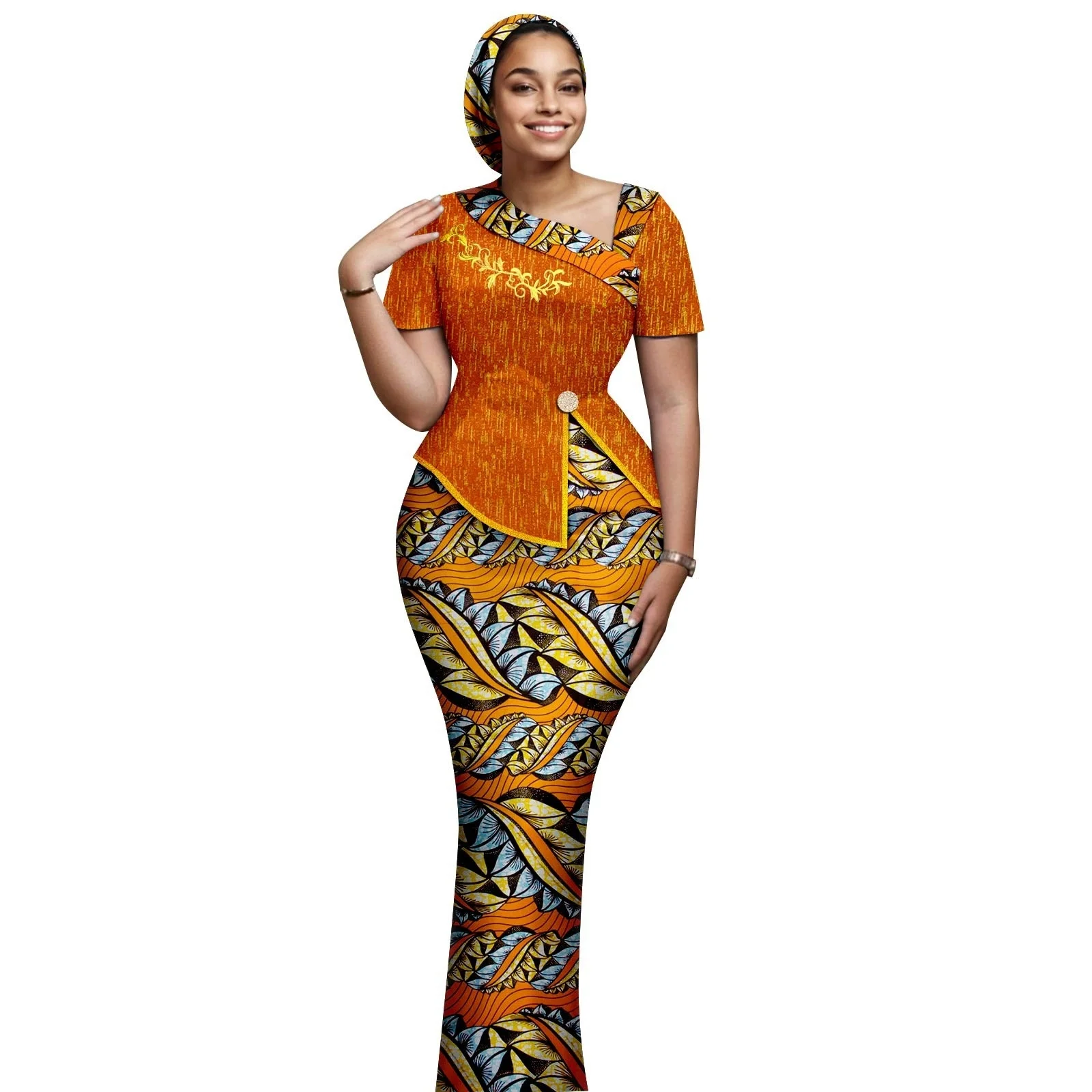 

Распродажа! Африканский женский комплект с юбкой, роскошное платье, топ с короткими рукавами и разрезом, тонкая юбка, Vestidos с повязкой на голову, традиционное свадебное платье